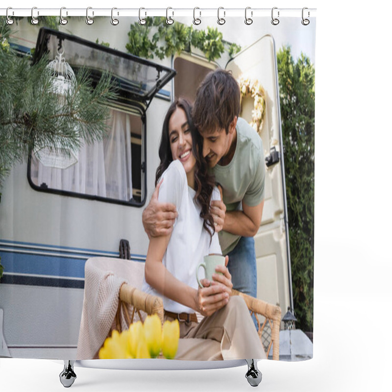 Personality  Smiling Man Hugging Cheerful Girlfriend With Closed Eyes Holding Cup Near Camper Van  Shower Curtains