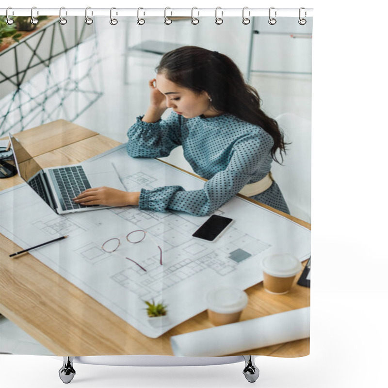 Personality  Stressed Asian Female Architect Having Headache While Using Laptop In Office Shower Curtains