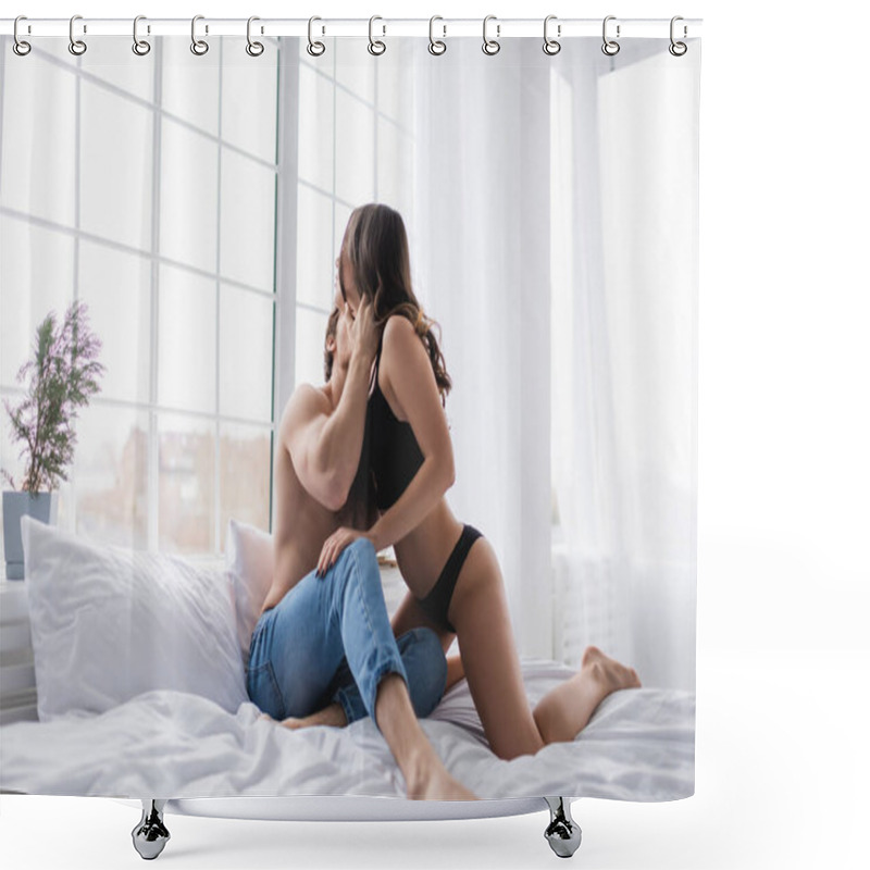 Personality  Man In Jeans Kissing Seductive Girlfriend On Bed Near Window  Shower Curtains