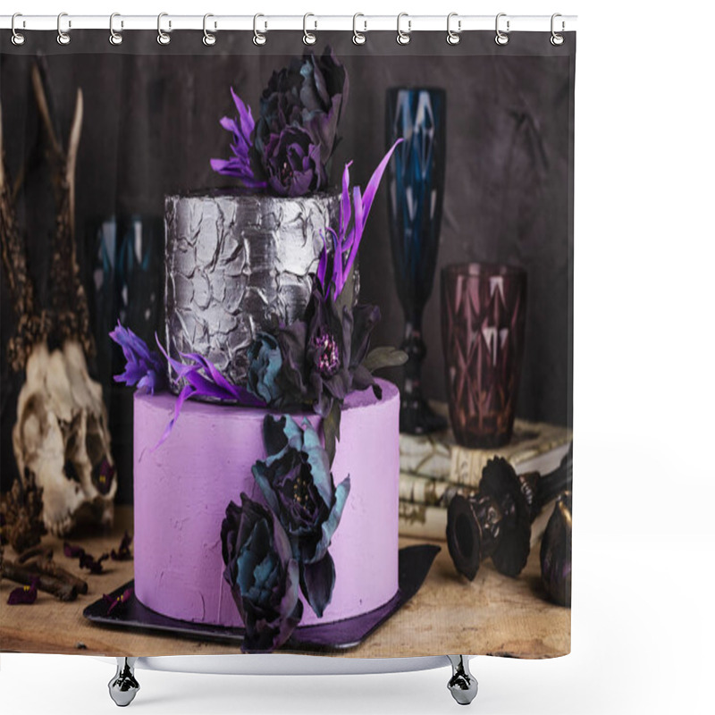 Personality  Tiered Cake With Black Flowers On Dark Background With Halloween Shower Curtains