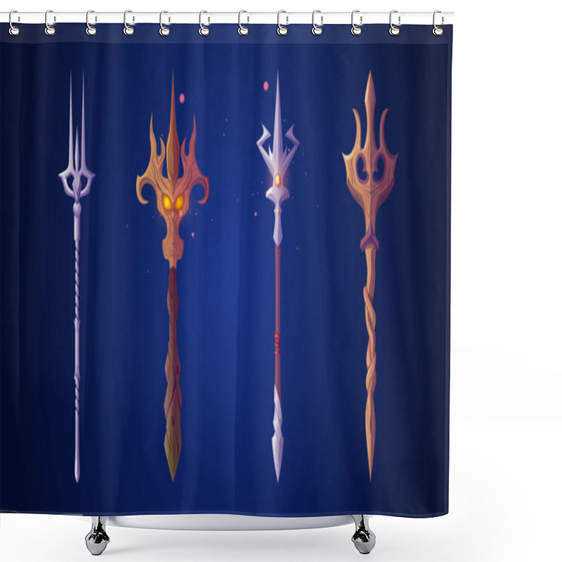 Personality  Poseidon Or Neptune Magic Fantastic Trident Made Of Wood And Metal. Cartoon Vector Illustration Set Of Mythology Harpoon Or Pitchfork Decorated With Gemstones For Nautical God With Magic Power. Shower Curtains