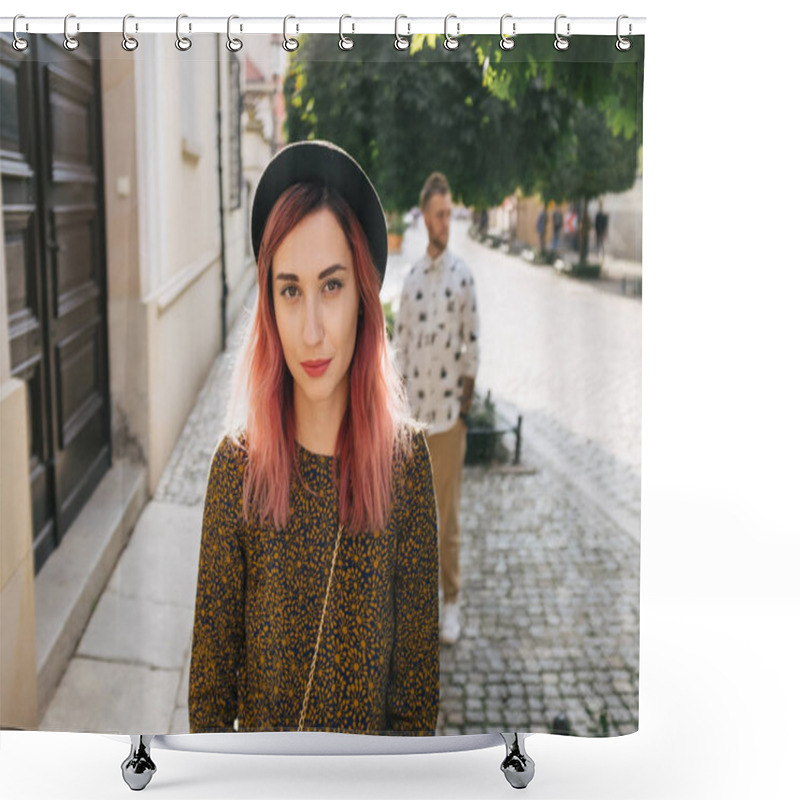 Personality  Beautiful Stylish Girl With Pink Hair Looking At Camera, Boyfriend Standing Behind Shower Curtains