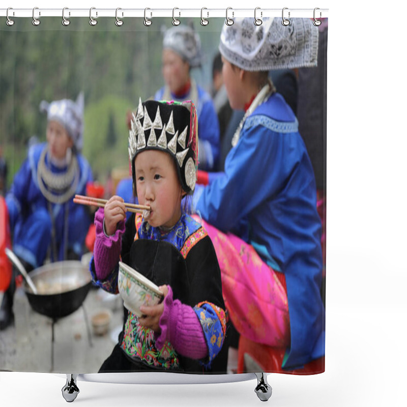 Personality  A Chinese Kid Of Miao Ethnic Group Dressed In Traditional Costume Eats Pig's Heads After An Ancestral Sacrifice Rite In Xinhe Village, Guanme Town, Jianhe County, Qiandongnan Miao And Dong Autonomous Prefecture, Southwest China's Guizhou Province, 15 Shower Curtains