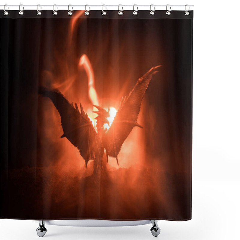 Personality  Silhouette Of Fire Breathing Dragon With Big Wings On A Dark Burning Fire Background. Selective Focus Shower Curtains