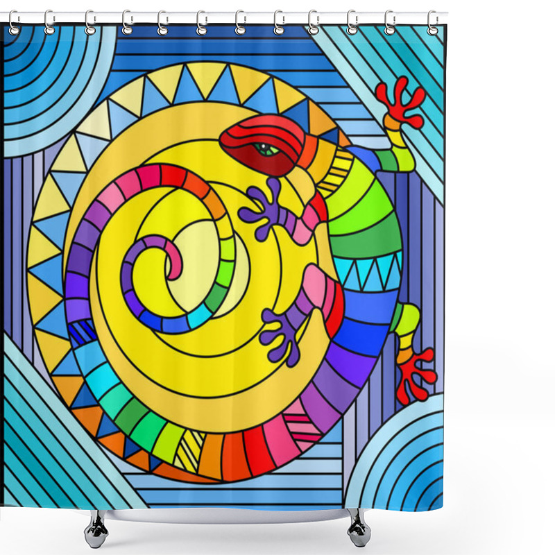 Personality  Illustration In Stained Glass Style With Abstract Rainbow Lizard On Blue Background Shower Curtains