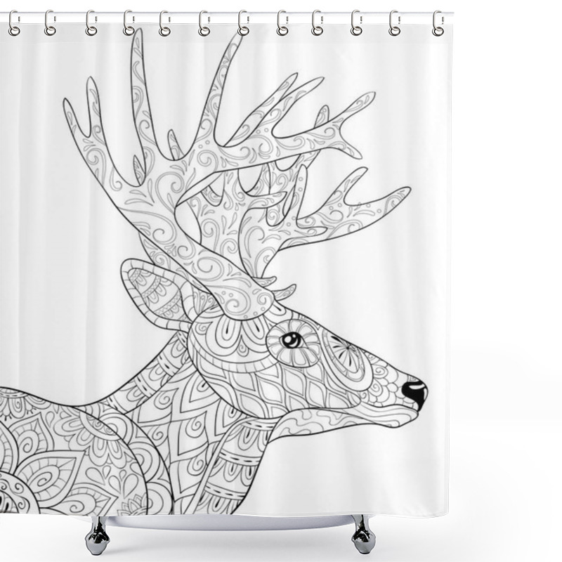 Personality  A Cute Head Of Deer With Big Horns   Image For Relaxing.A Coloring Book,page For Adults.Zen Art Style Illustration For Print.Poster Design. Shower Curtains