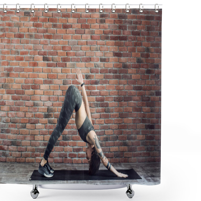 Personality  Tattooed Female Doing Exercises Indoors, Sporty Woman Practicing Yoga Shower Curtains