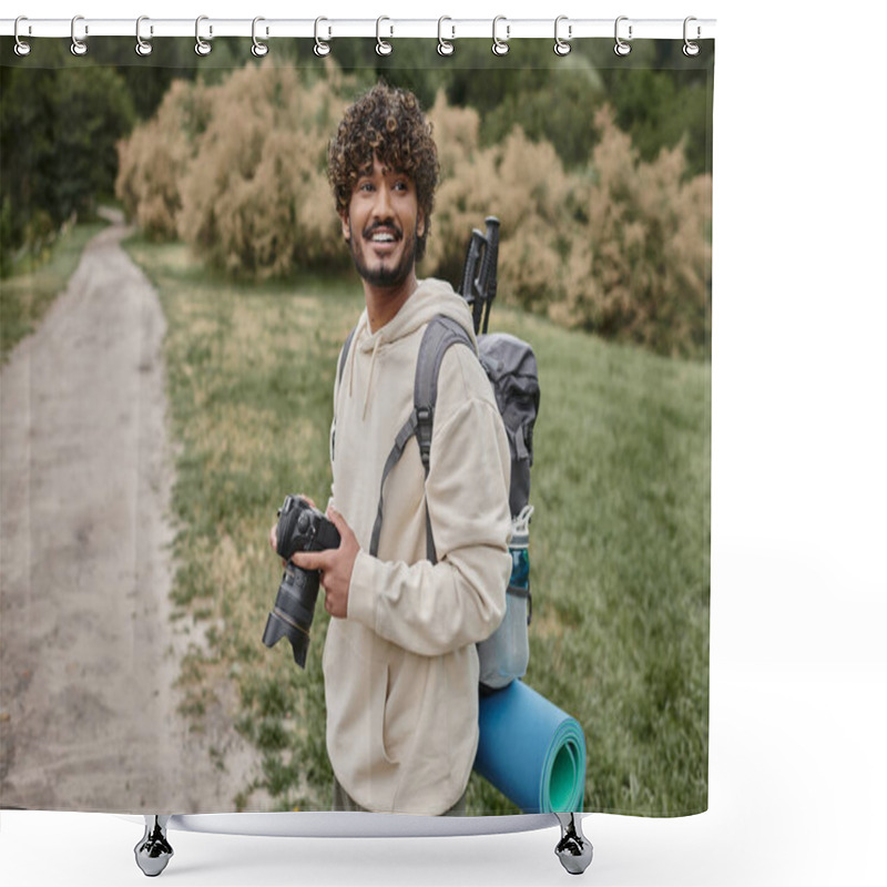 Personality  Cheerful Indian Photographer With Backpack Holding Professional Camera, Adventure And Hiking Shower Curtains