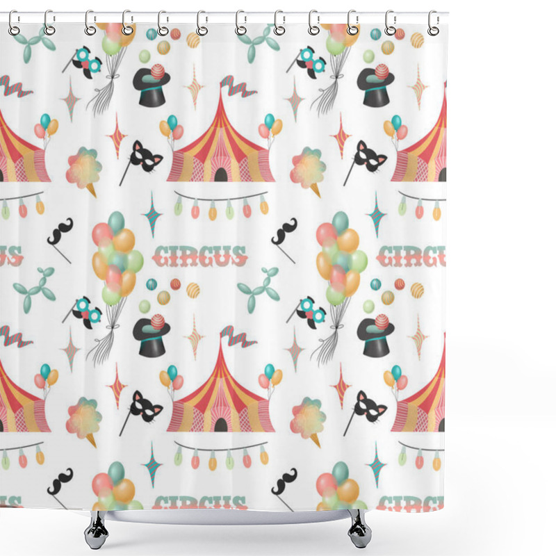 Personality  Seamless Pattern Of Hand Drawn Circus Elements And Attributes Of Amusement Park (circus Tent, Air Balloons, Ice Cream, Fun Masks), Illustration On White Background Shower Curtains