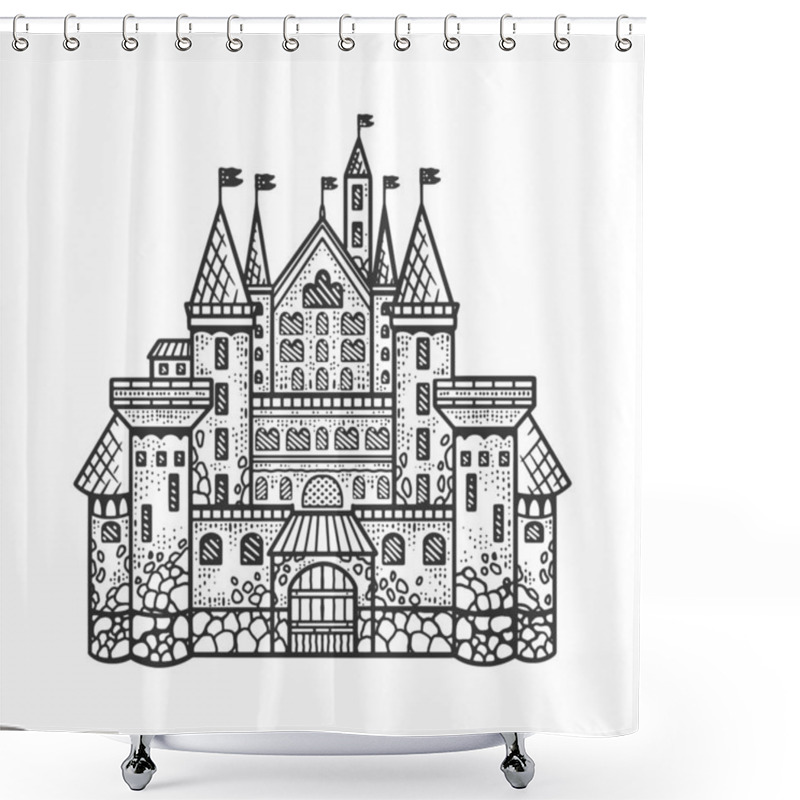 Personality  Medieval Castle Sketch Engraving Vector Illustration. T-shirt Apparel Print Design. Scratch Board Imitation. Black And White Hand Drawn Image. Shower Curtains