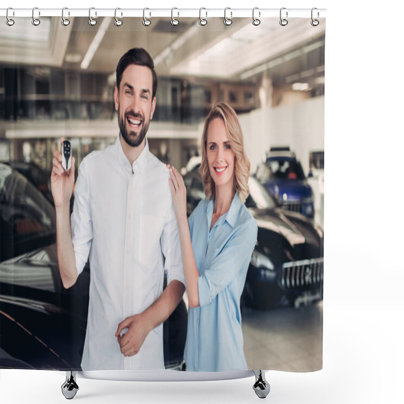 Personality  Portrait Of Happy Couple Holding Keys Of New Car In Dealership Salon Shower Curtains