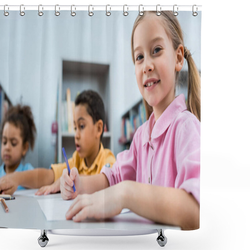 Personality  Selective Focus Of Happy Kid Drawing Near African American Children  Shower Curtains