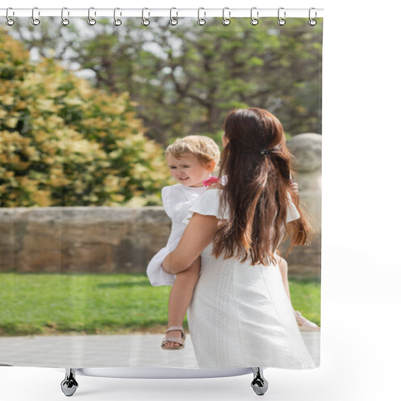 Personality  Brunette Woman Holding Baby Girl With Flowers Outdoors In Valencia Shower Curtains