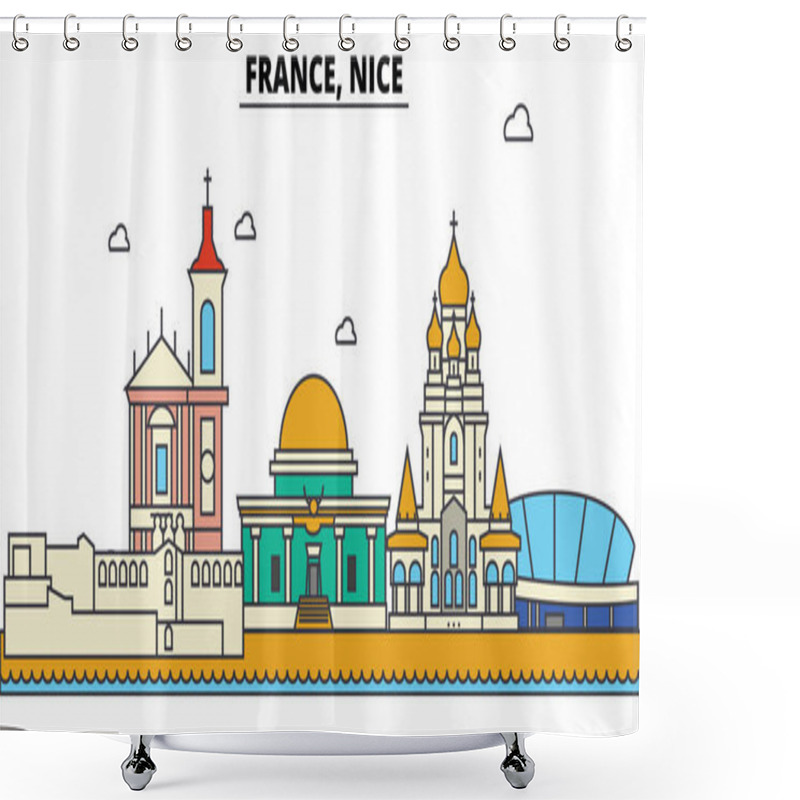 Personality  France, Nice. City Skyline: Architecture, Buildings, Streets, Silhouette, Landscape, Panorama, Landmarks. Editable Strokes. Flat Design Line Vector Illustration Concept. Isolated Icons Set Shower Curtains