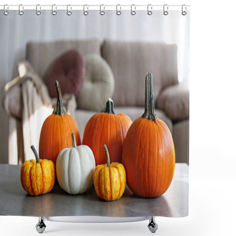 Personality  Bunch Of Classic Orange, Hooligan And Baby Boo Pumpkins On Marble Textured Table As A Symbol Of Autumnal Holidays With A Lot Of Copy Space For Text. Living Room Interior Background, Close Up. Shower Curtains