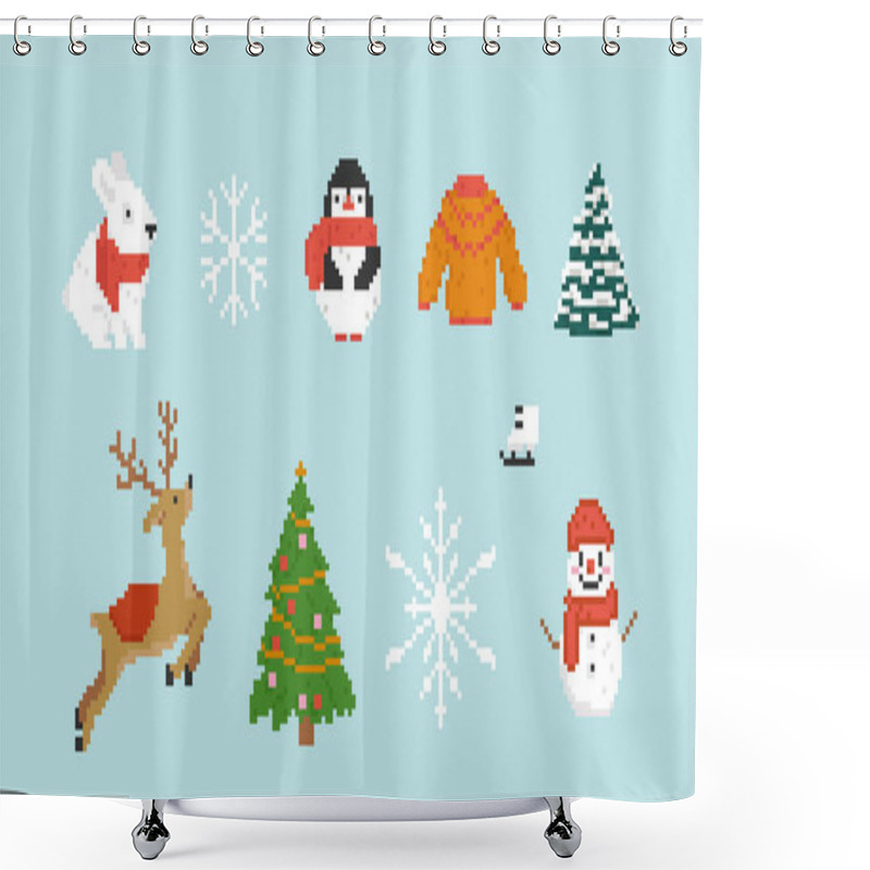 Personality  Merry Christmas And Happy New Year Decorative Sticker Elements Set In Pixel Art Mosaic Style. Cute Snowman, Xmas Fir Tree, Spruce Under Snow, Sweater, Reindeer, Penguin, Rabbit Vector Illustration Shower Curtains