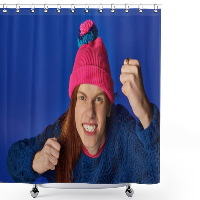 Personality  A Young Man Displays Intense Emotions With Clenched Fists While Wearing A Colorful Hat. Shower Curtains