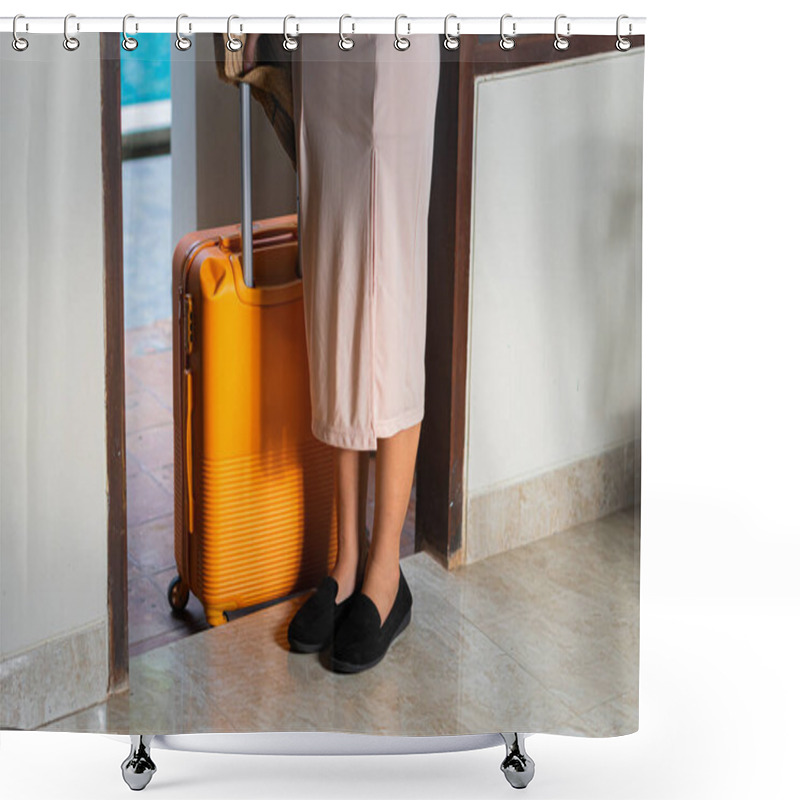 Personality  A Woman Walking By A Poolside With An Orange Suitcase, Wearing A Hat And Stylish Outfit. The Background Features Lush Greenery And A Wooden Structure, Creating A Tropical Vacation Vibe. Shower Curtains