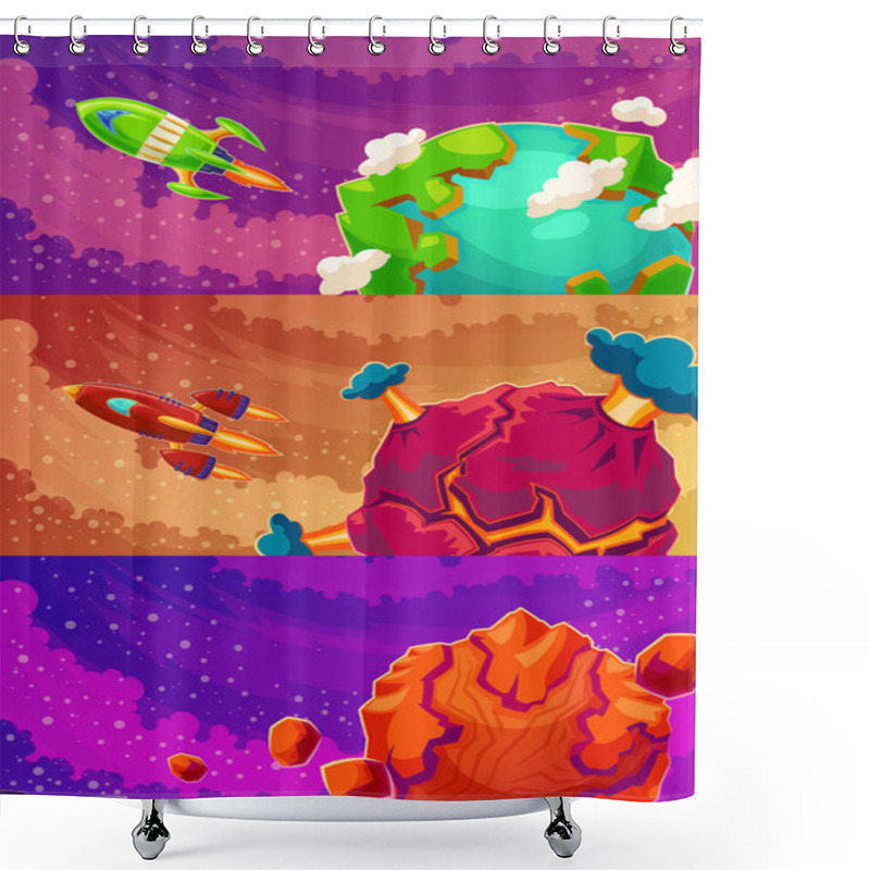 Personality  Set Of Vector Horizontal Banners With Cartoon Fantasy Of Alien Planets Shower Curtains