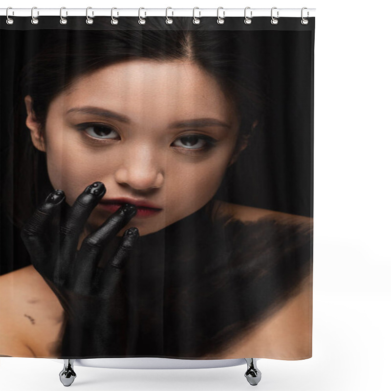 Personality  Young Asian Woman With Bare Shoulders And Hand In Paint Looking At Camera While Touching Lip Isolated On Black Shower Curtains