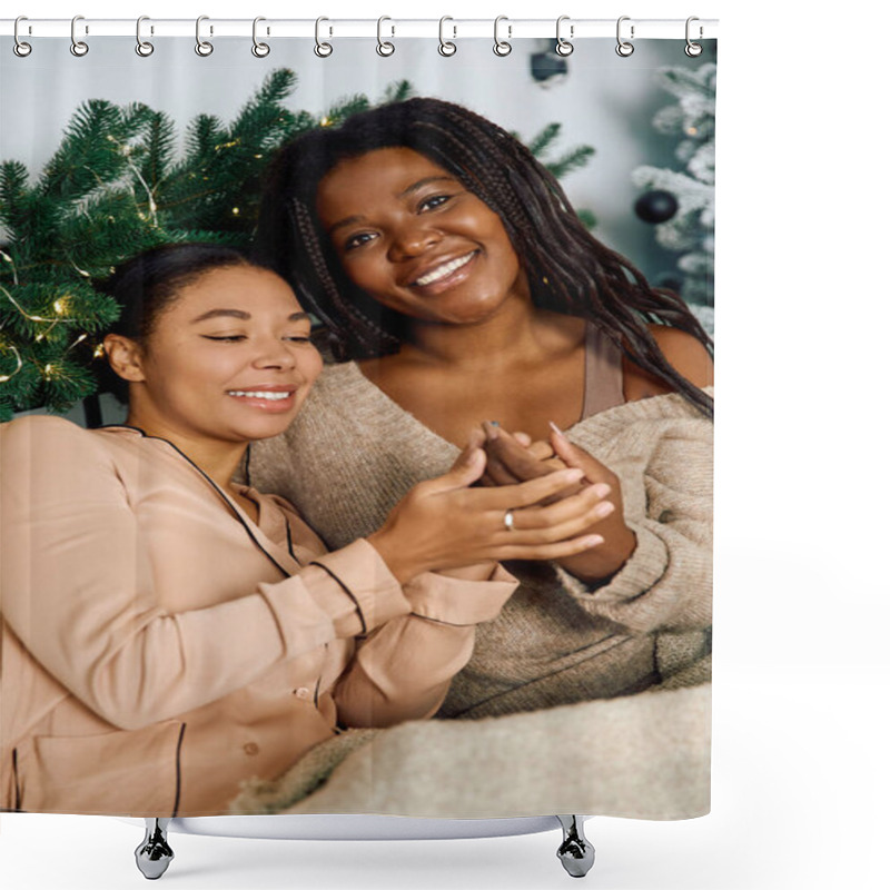 Personality  Two Women Share A Tender Moment Together While Enjoying The Warmth Of The Season At Home. Shower Curtains