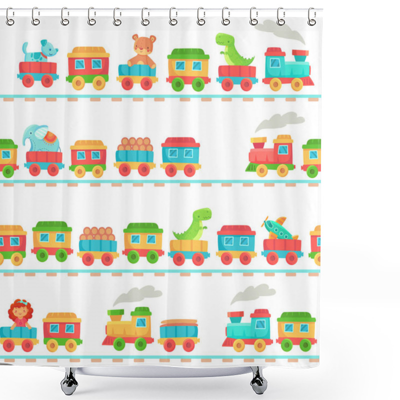 Personality  Kids Toy Train Pattern. Children Railroad Toys, Baby Trains Transport On Rails And Kid Railway Seamless Vector Illustration Shower Curtains