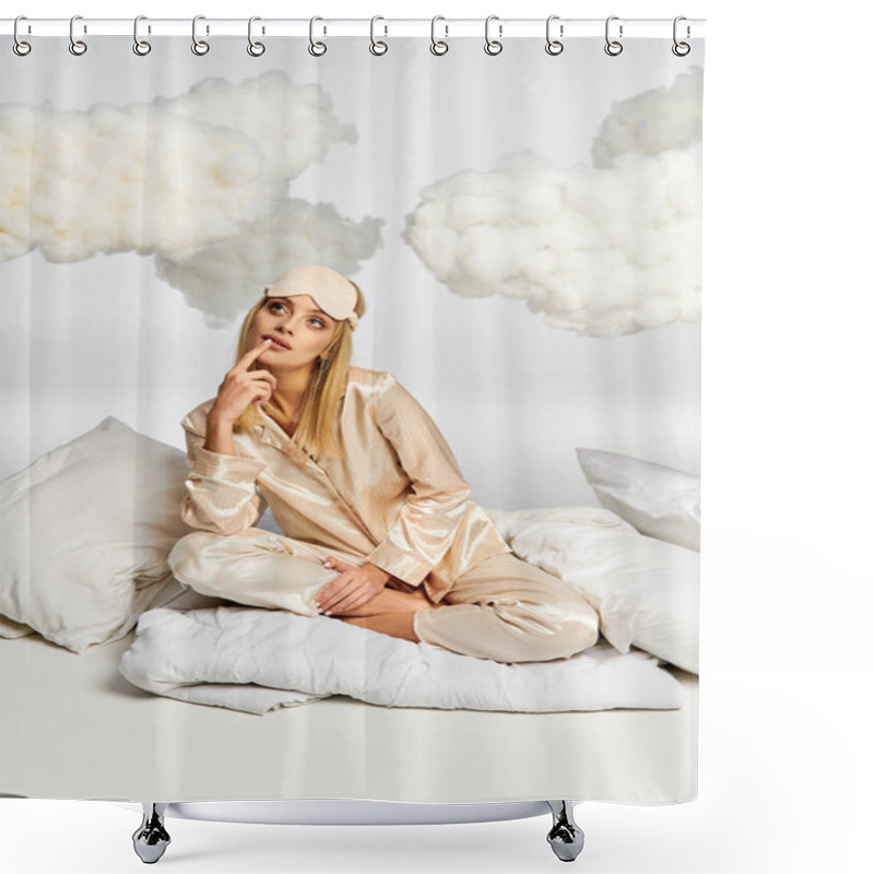 Personality  Attractive Woman In Cozy Pyjamas Surrounded By Clouds. Shower Curtains