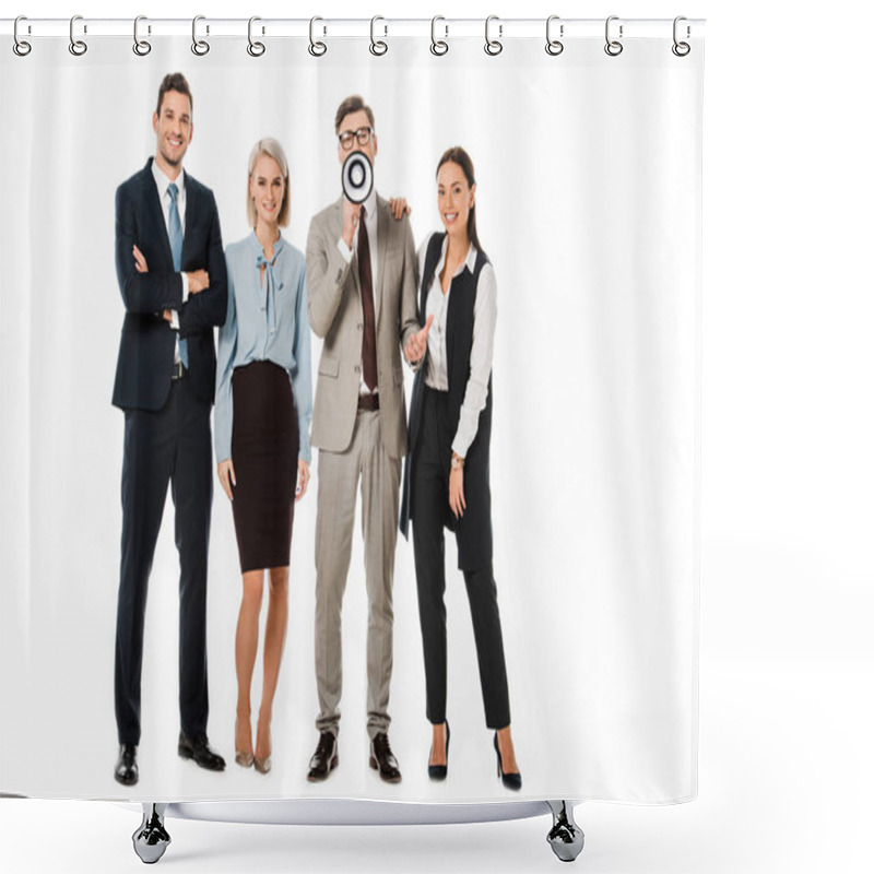 Personality  Executive Colleagues Talking With Megaphone Isolated On White Shower Curtains