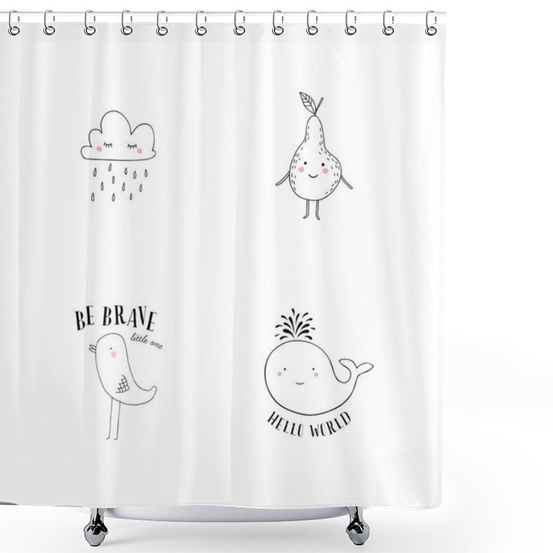 Personality  Vector Illustration Of Cute Characters: Rainy Cloud, Smiling Pear, Little Chick And Whale. Shower Curtains