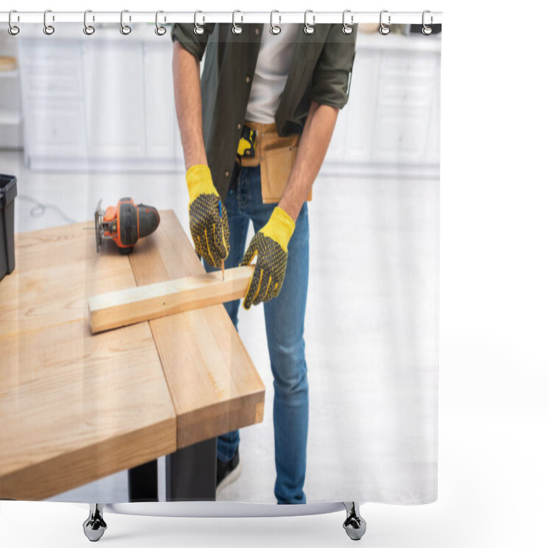 Personality  Cropped View Of Craftsman In Gloves Marking Wooden Plank At Home  Shower Curtains