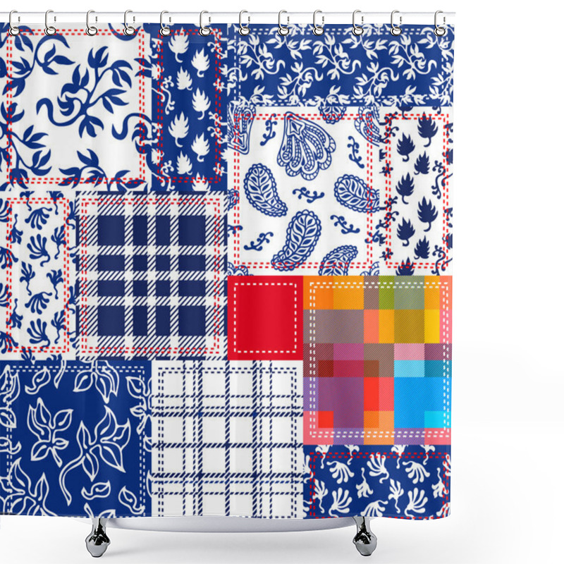 Personality  Blue, White, Red Patchwork With Seamless Paisley Pattern. Shower Curtains