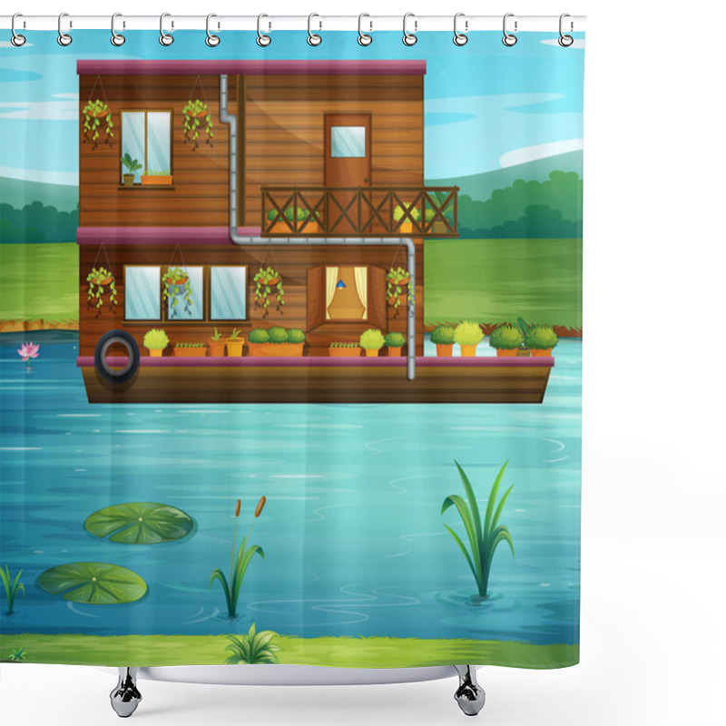 Personality  Boat House Floating On The River Shower Curtains