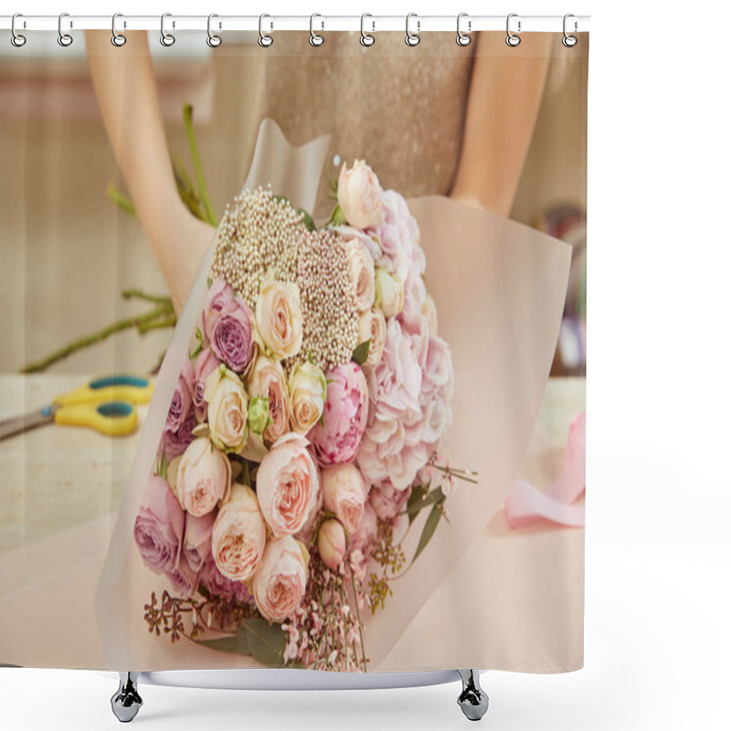 Personality   Florist Wrapping Bouquet Of Roses And Peonies At Workspace Shower Curtains