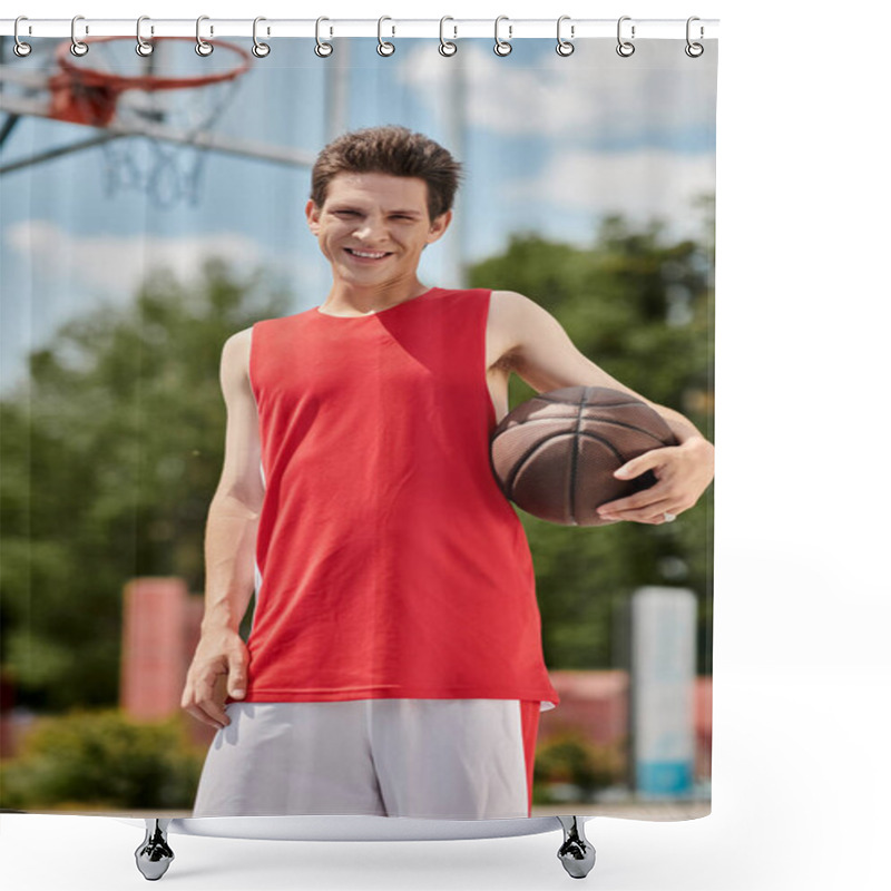 Personality  A Young Man In A Red Shirt Skillfully Holds A Basketball On A Sunny Summer Day Outdoors. Shower Curtains