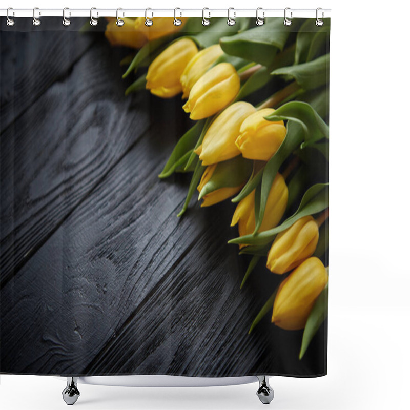 Personality  Composition Of Fresh Yellow Tulips Placed In Row On Black Rustic Wooden Table Shower Curtains