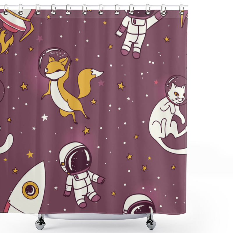 Personality  Cute Doodle Boys, Rockets, Foxes And Cats Floating In Space Shower Curtains