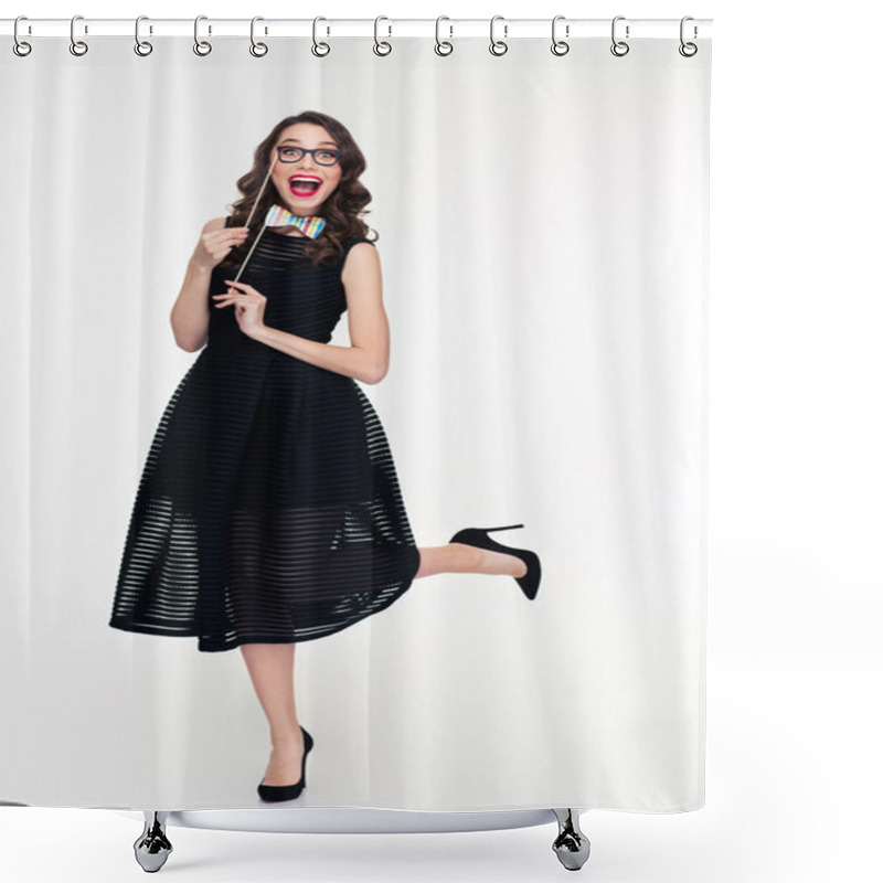 Personality  Charming Girl Posing With Fake Glasses And Bow Tie Props  Shower Curtains