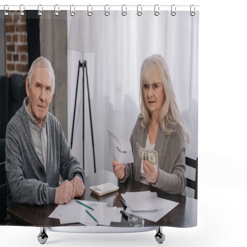 Personality  Senior Couple Holding Money, Envelope With 'roth Ira' Lettering And Looking At Camera Shower Curtains