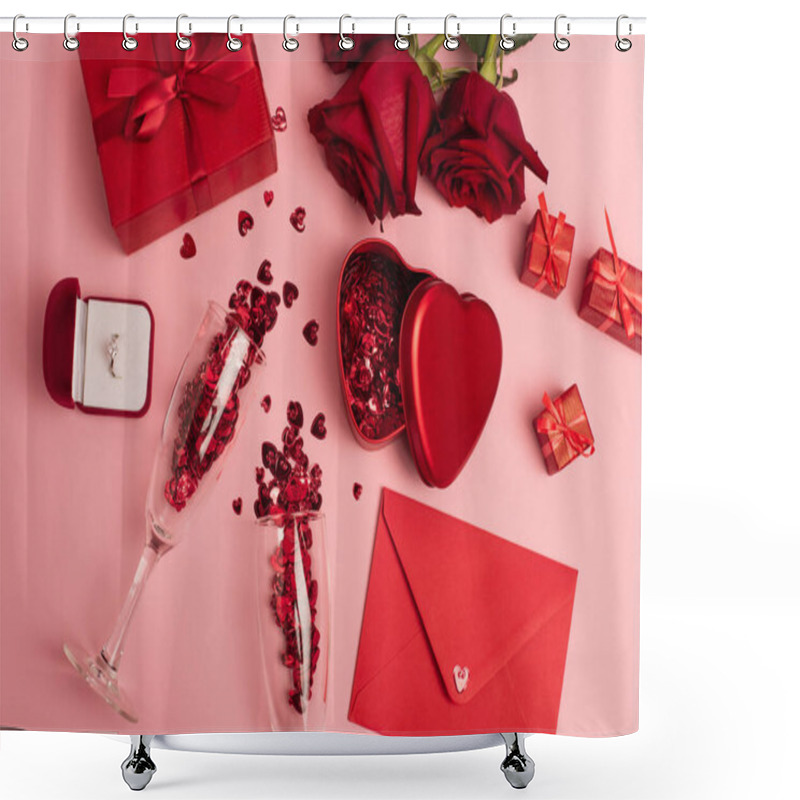 Personality  Top View Of Champagne Glasses With Shiny Confetti Near Gift Boxes, Engagement Ring And Red Roses On Pink Shower Curtains