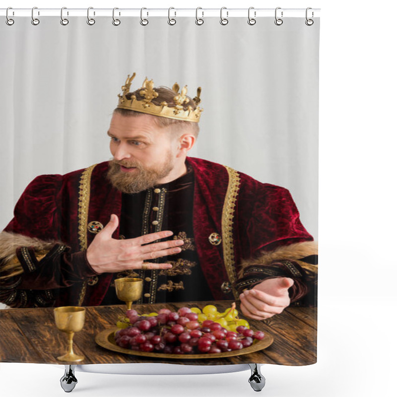 Personality  Shocked Man With Crown Sitting At Table Isolated On Grey Shower Curtains