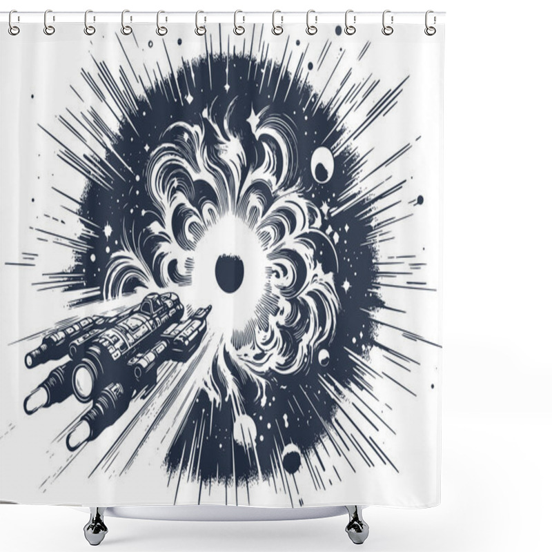 Personality  Spaceship Approaching Cosmic Explosion In Detailed Line Art Style Shower Curtains