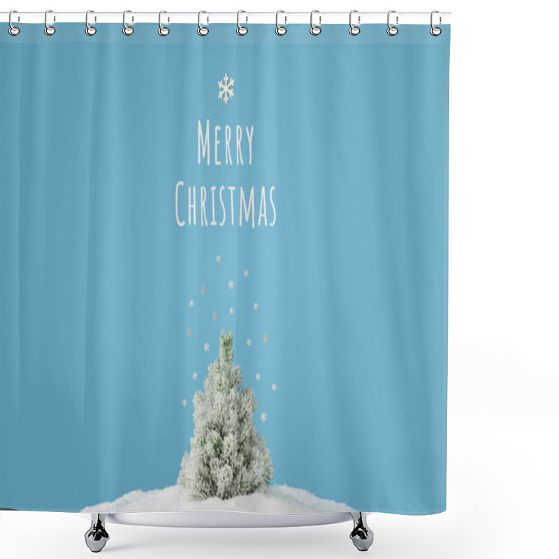 Personality  Creative Layout With Snowy Tree And Snowflakes With Text Merry Christmas On Bright Blue Background. Minimal Winter Nature Holiday Scene.  Shower Curtains