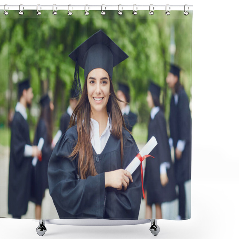 Personality  A Young Female Graduate Against The Background Of University Graduates. Shower Curtains