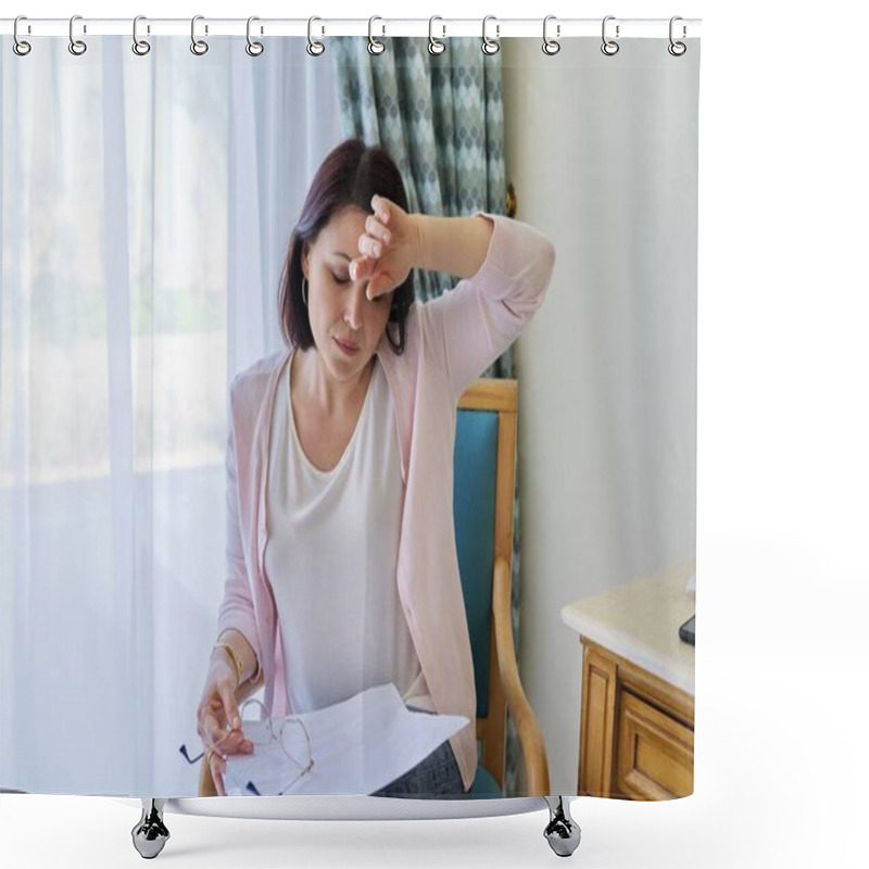 Personality  Stress, Headache, Migraine, Upset Middle-aged Woman Holding Her Head With Her Hands Shower Curtains