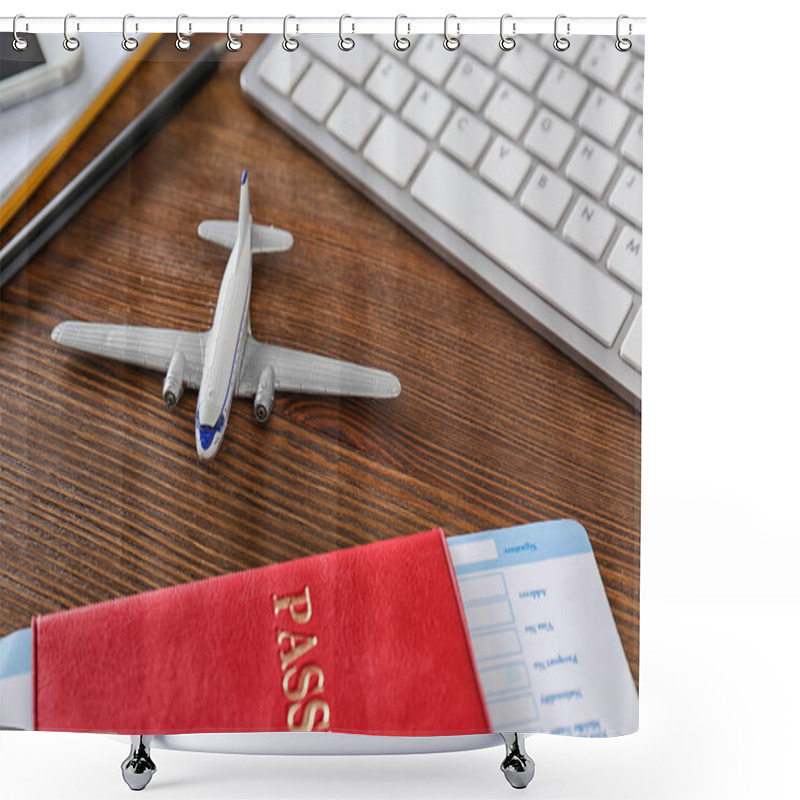 Personality  Composition With Airplane Model On Wooden Table. Travel Agency Concept Shower Curtains