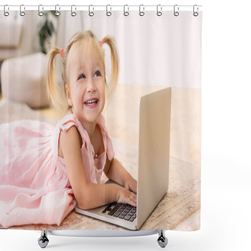 Personality  Adorable Little Girl Using Laptop Lying On Couch Shower Curtains