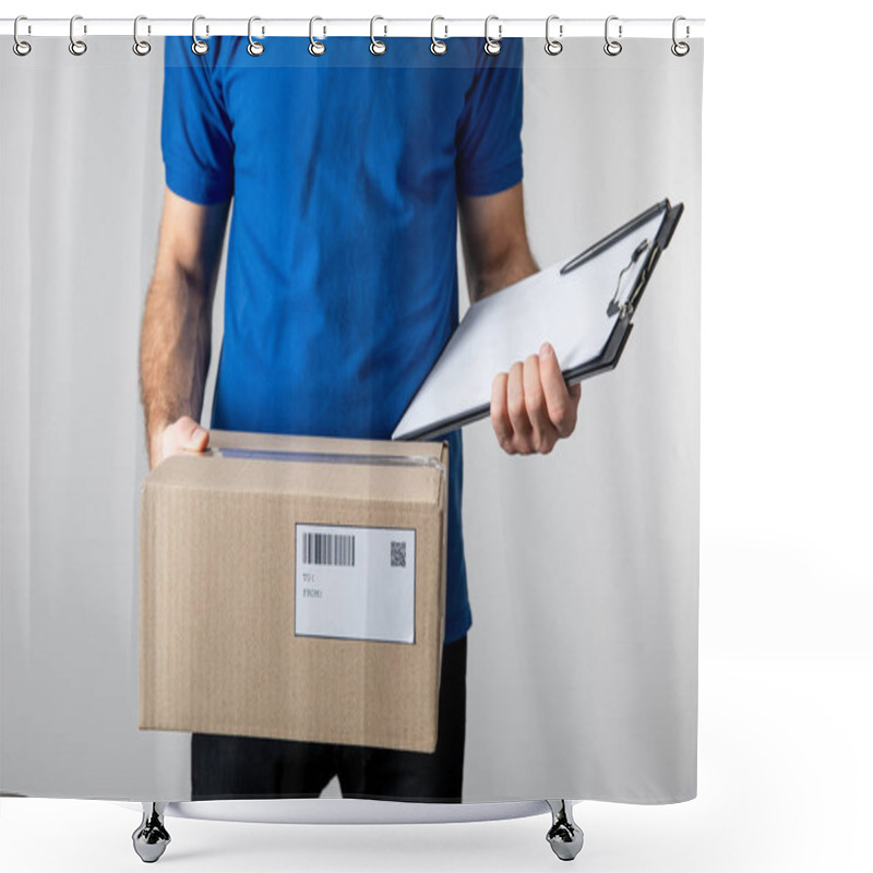 Personality  Cropped View Of Courier Holding Clipboard And Cardboard Box Isolated On Grey Shower Curtains