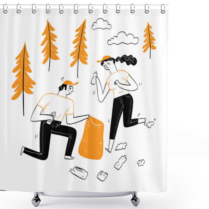 Personality  Ecosystem Environment Concept, Couple Keep Up Plastic Waste, Hand Drawn Vector Illustrations Doodle Style. Shower Curtains