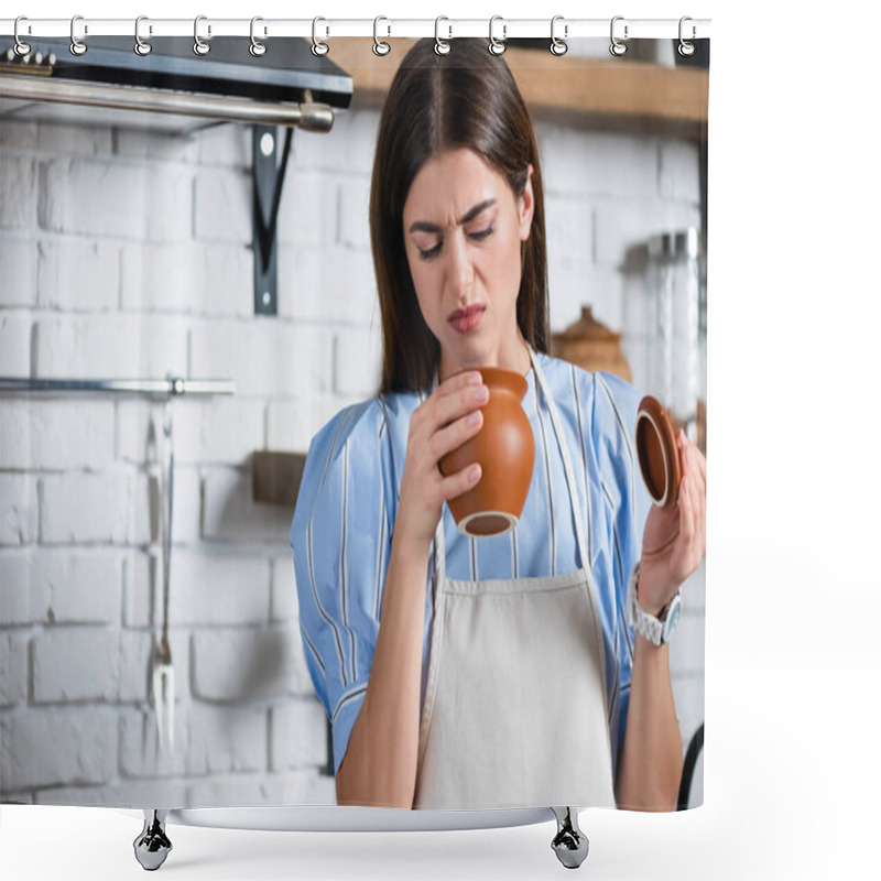 Personality  Young Adult Woman In Apron Looking At Clay Pot With Disgust In Kitchen Shower Curtains