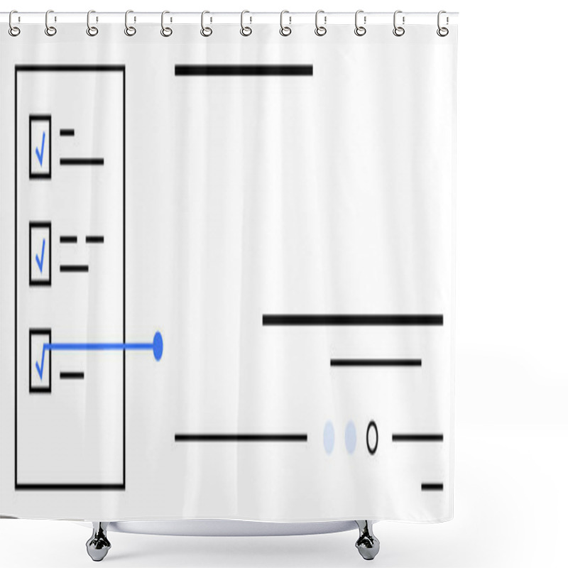 Personality  Checklist With Three Blue Checkmarks Linked To Horizontal Lines Representing Item Details. Additional Lines And Dots Represent Status Indicators. Ideal For Task Management, Project Planning, To-do Shower Curtains